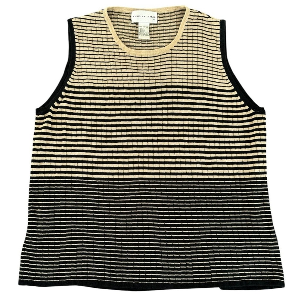 August Silk Knit Tank Top Women Tan Black‎ Stripe 100% Silk Earthy Minimalist 3X